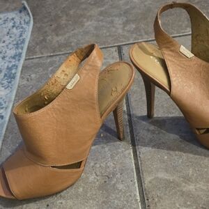 Coach Camel Leather Open-Toe Heels